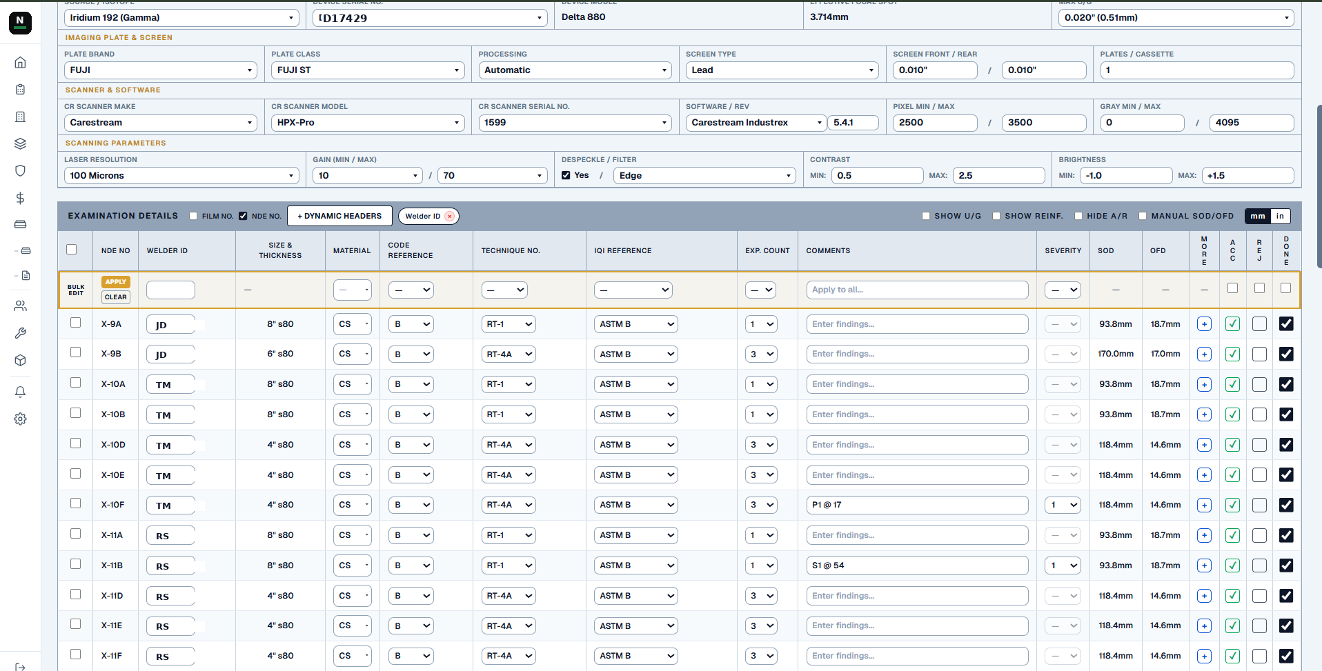 Ibex examination details grid with bulk edit applying welder ID, technique and IQI reference across every weld at once